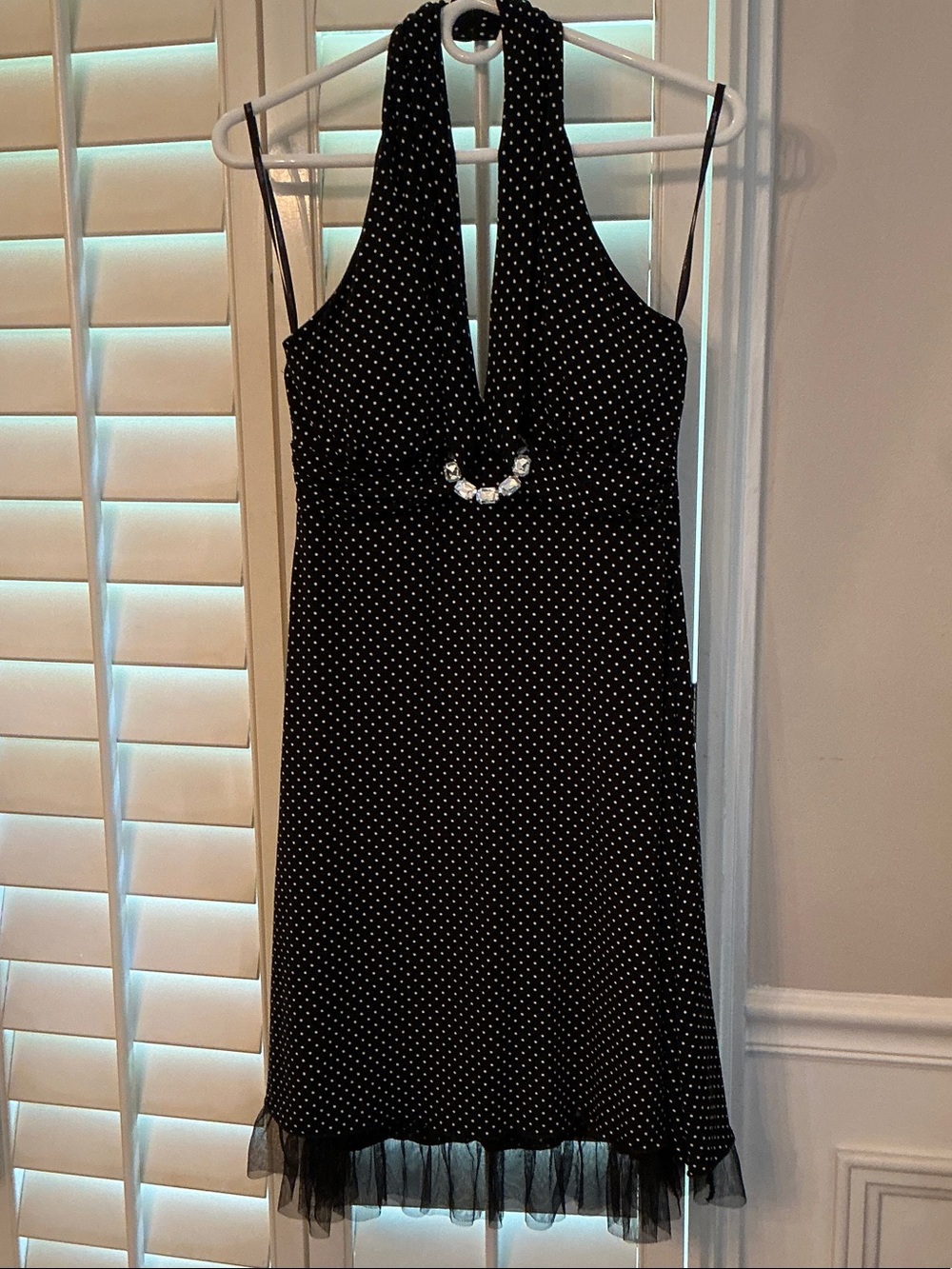 My Michelle Black Polka Dot One-Shoulder Halter Dress with Jewel Accent